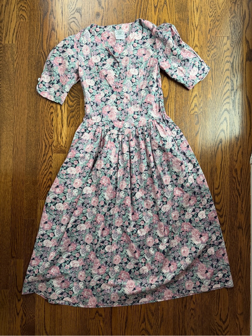Vintage Laura Ashley 90s Floral Pink and Green Midi Dress Cottagecore UK 10/US 8